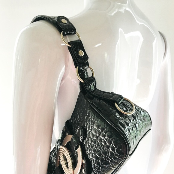 Black Aldo Spring rhinestone embellished faux lizard patent leather handbag - Picture 11 of 16